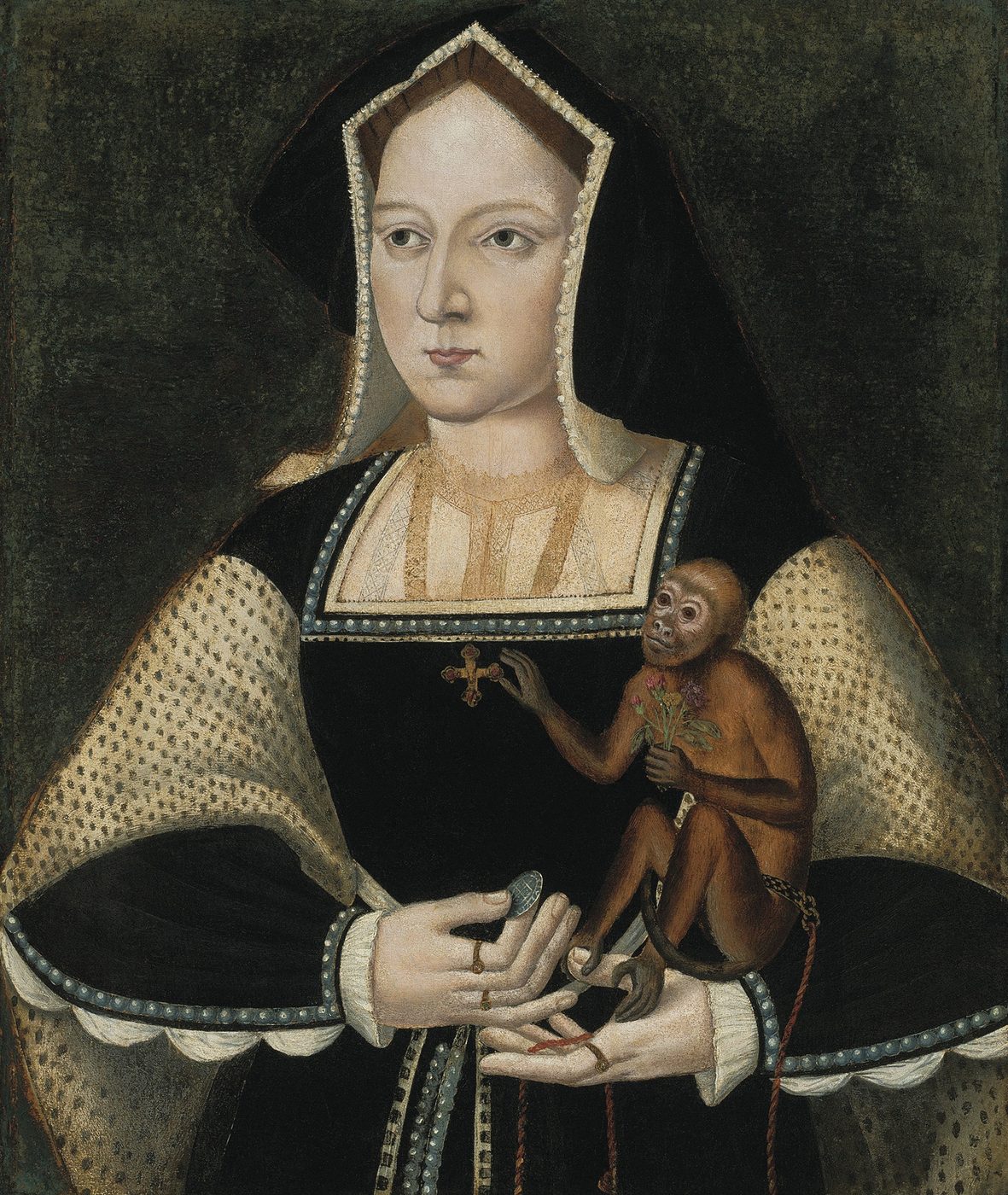 Catherine of Aragon, widow of Henry's own brother, whose marriage to Henry VIII — legitimized by a papal dispensation — became the fuse for England's entire break with Rome.
