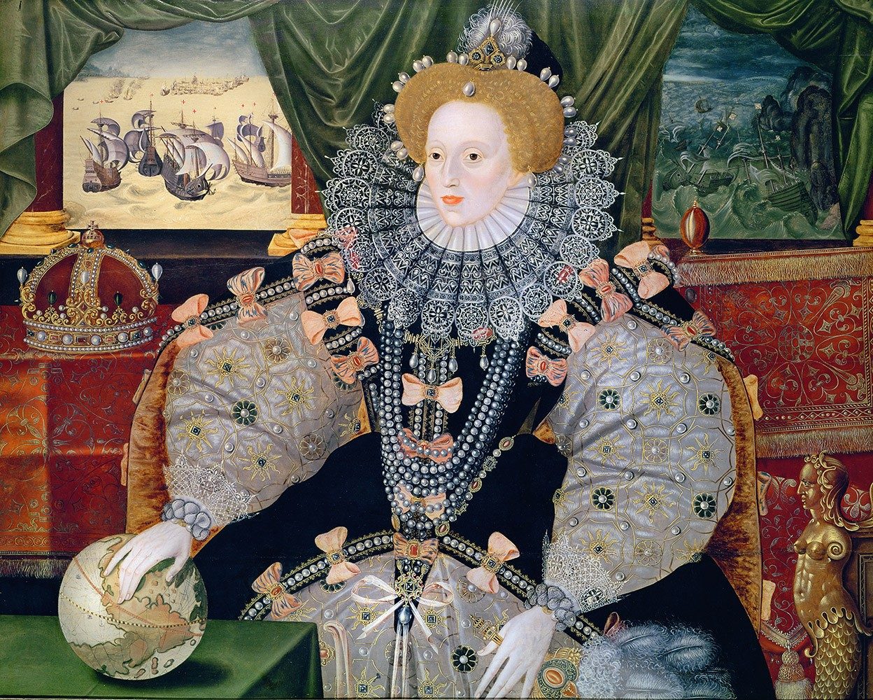 Elizabeth I in the “Armada Portrait,” her hand resting on the globe — England having just survived a Spanish invasion and settled into a religious “halfway house” that still shapes Anglicanism today.