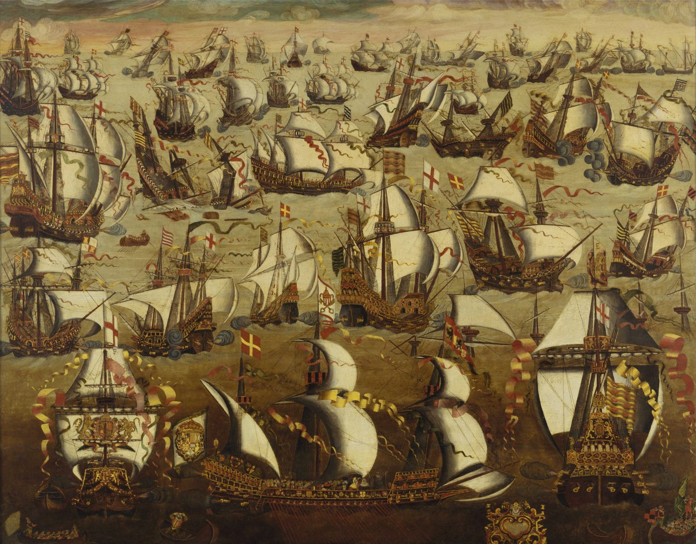 The Spanish Armada, 1588 — roughly 130 ships, not the 160 often repeated, defeated by the English navy and then wrecked by storms along the English and Scottish coasts.