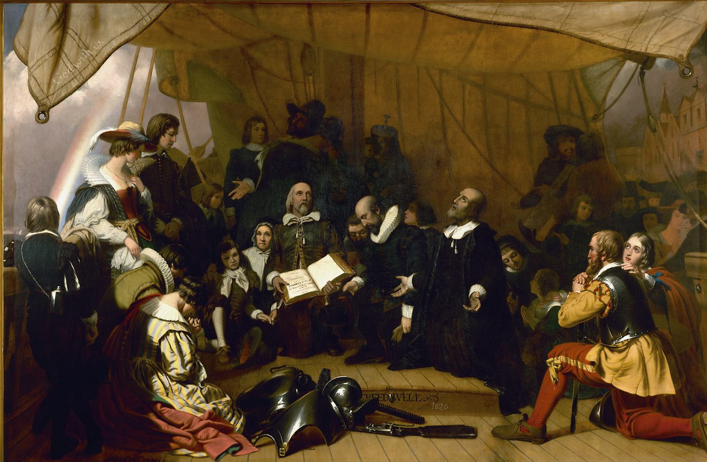Separatists embarking, first for Holland, later for the New World — the real escape took two failed attempts (1607, 1608) before it succeeded, not a single dramatic scene.