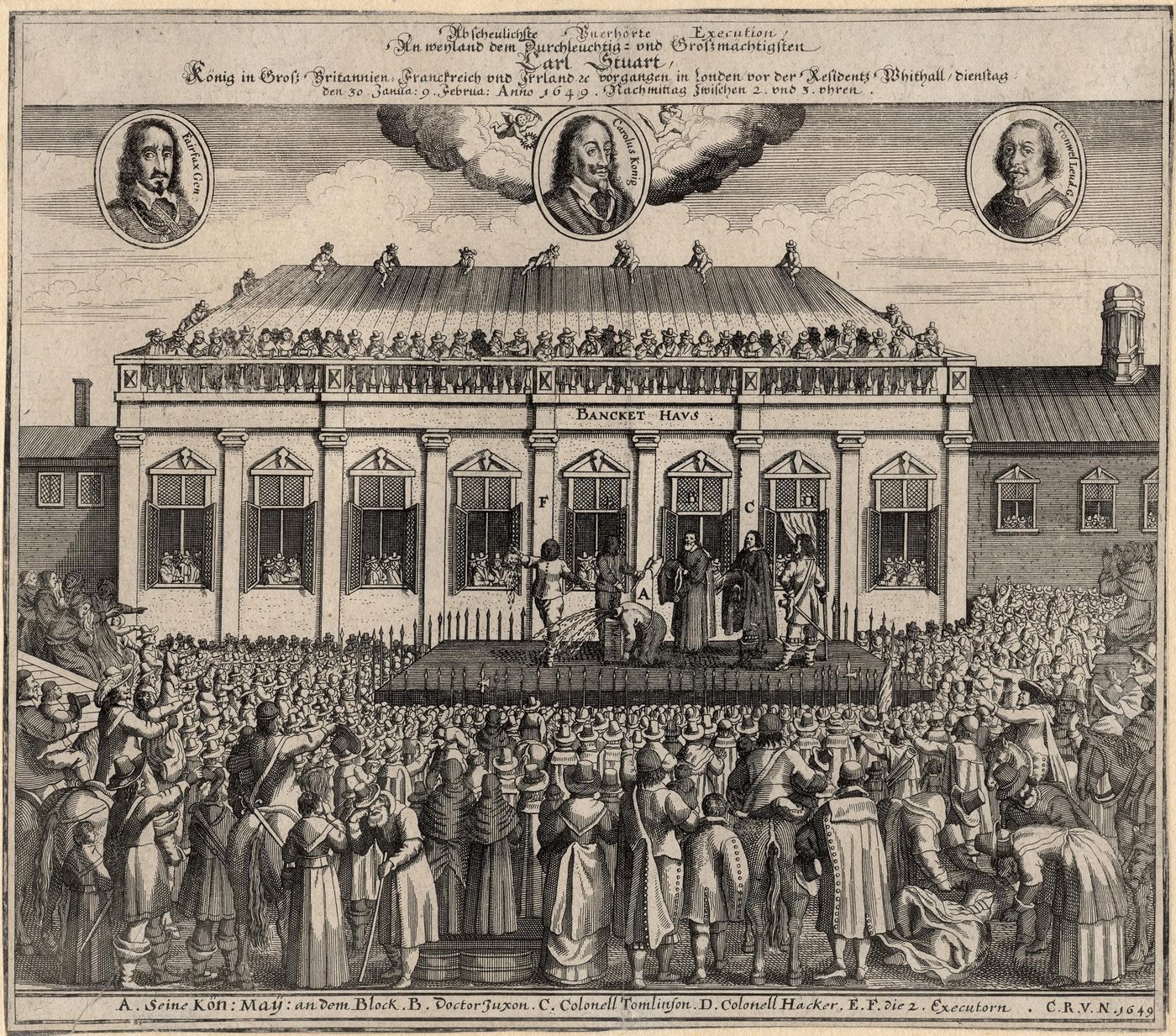 The execution of Charles I outside the Banqueting House, Whitehall, 30 January 1649 — a king executed by his own Parliament.