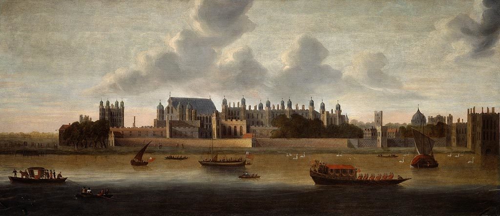 Hampton Court Palace, where James I ridiculed the Puritans in 1604 — until an Oxford professor named Reynolds proposed a new translation of the Bible.