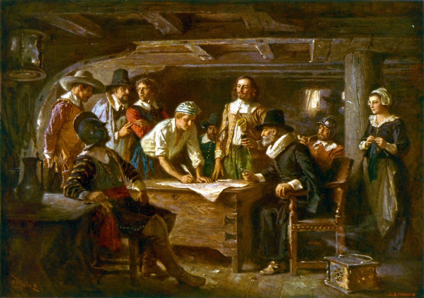The signing of the Mayflower Compact, 1620 — the settlers' first self-governing covenant, made before they ever set foot on land.