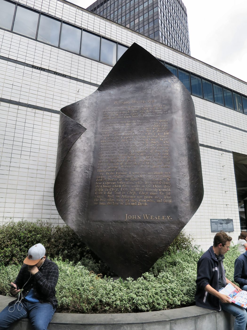 The “Aldersgate Flame” sculpture in London, marking the site where John Wesley felt his “heart strangely warmed” on the night of 24 May 1738 — now the site of a Barclays Bank branch.