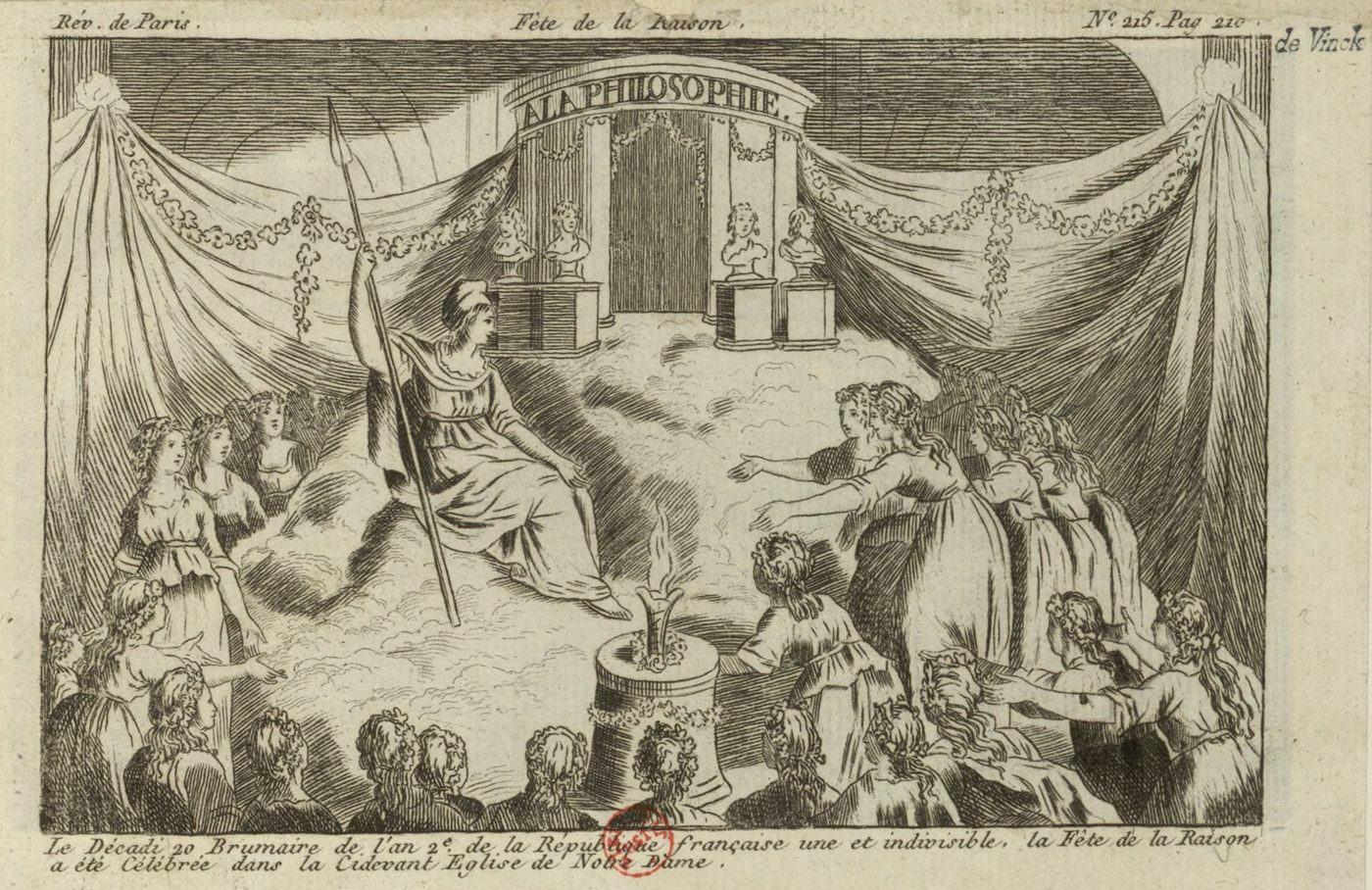 The Festival of the Goddess of Reason at Notre-Dame, November 1793 — “no more God”; yet within months Robespierre himself suppressed it, replacing it with worship of a deist “Supreme Being.”