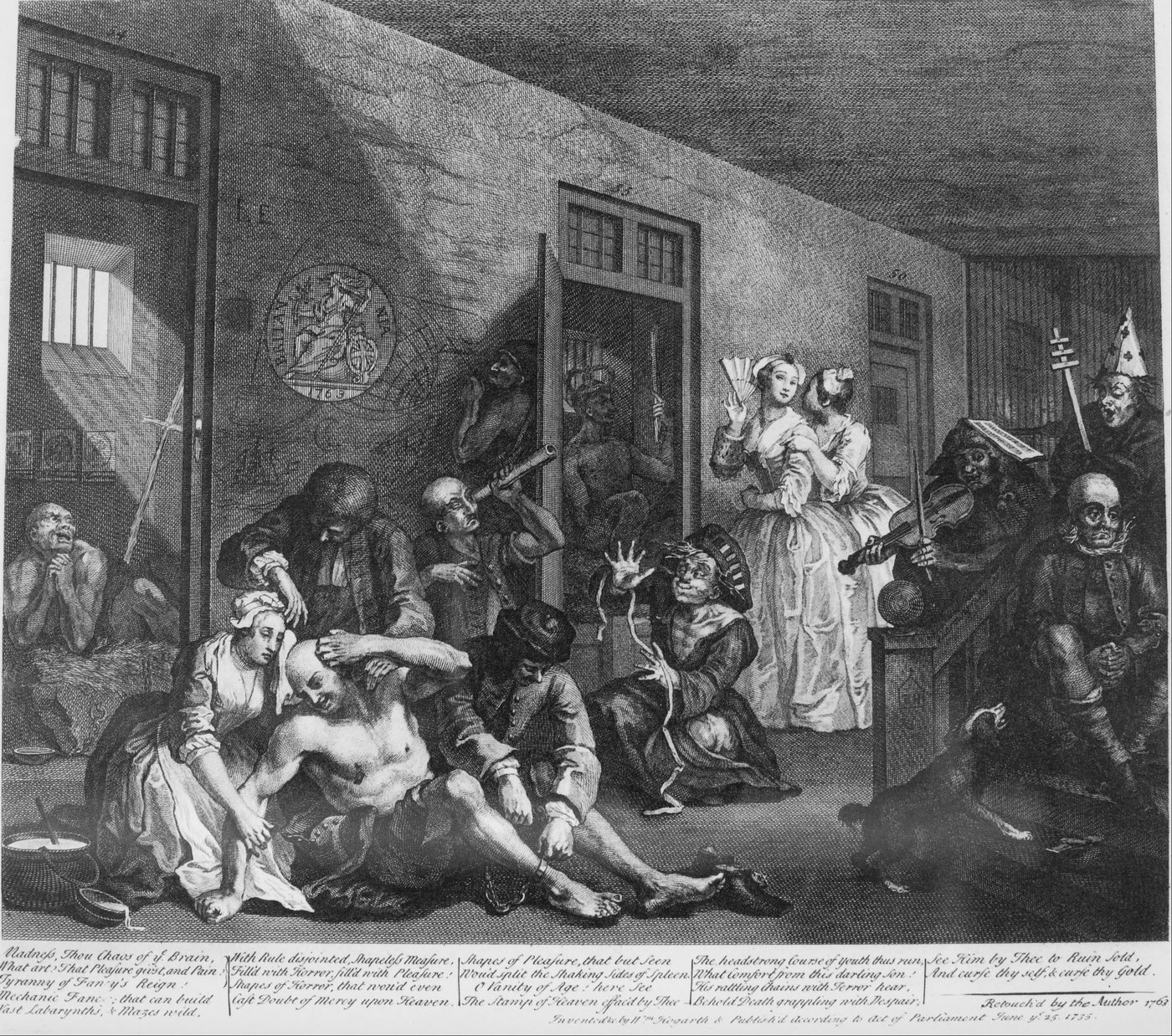 Hogarth's “A Rake's Progress,” Plate 8 (In the Madhouse) — the cartoon series depicting early 18th-century England's moral decay that Pawson references.