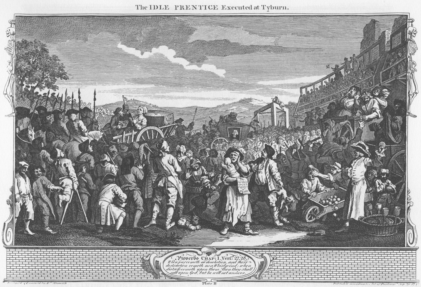 “Industry and Idleness,” Plate 11: an execution at Tyburn — where families once picnicked to watch hangings, including for crimes as small as stealing a few shillings.