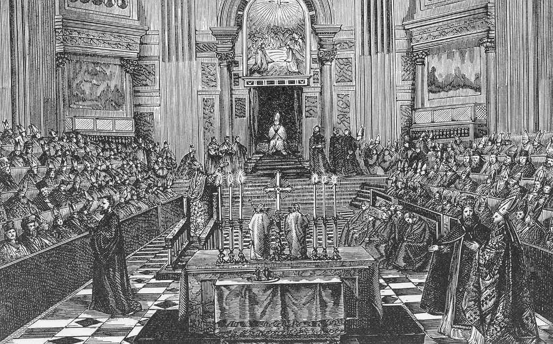 An 1870 engraving depicting the First Vatican Council in session inside St. Peter's Basilica, the first ecumenical council since Trent (1545–1563), convened by Pius IX, which formally defined the dogma of papal infallibility.