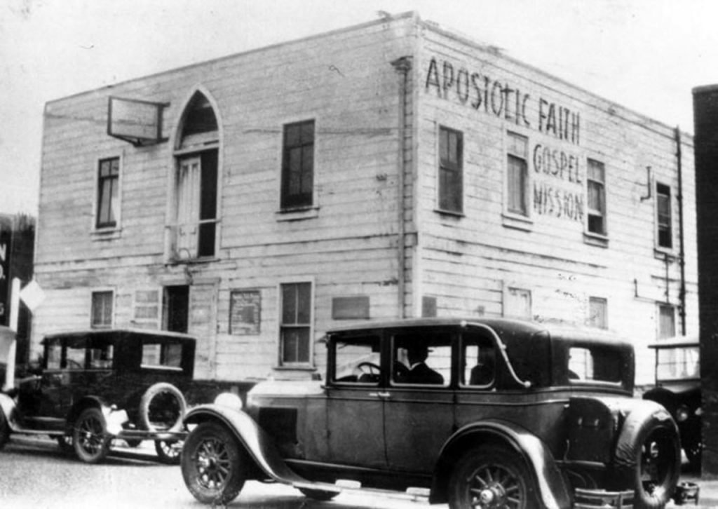 The Apostolic Faith Mission building at 312 Azusa Street, Los Angeles, photographed c. 1907, the site of the Azusa Street Revival, now widely regarded as the birthplace of the modern Pentecostal movement.