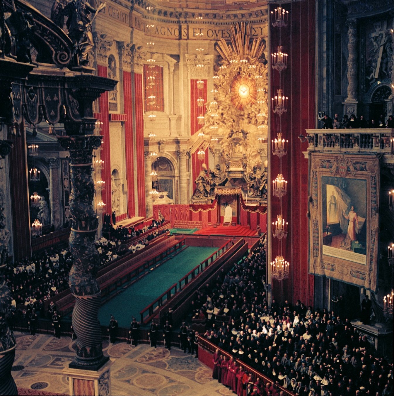 Council fathers during a working session of the Second Vatican Council inside St Peter's Basilica, early 1960s, the event Pawson never once mentions in his 1967 sermon.