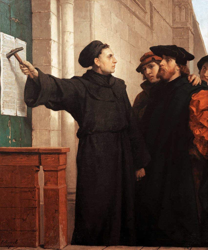 Martin Luther nailing the 95 Theses to the door of the Wittenberg church (31 Oct 1517), the beginning of his attempt to reform the system from within.