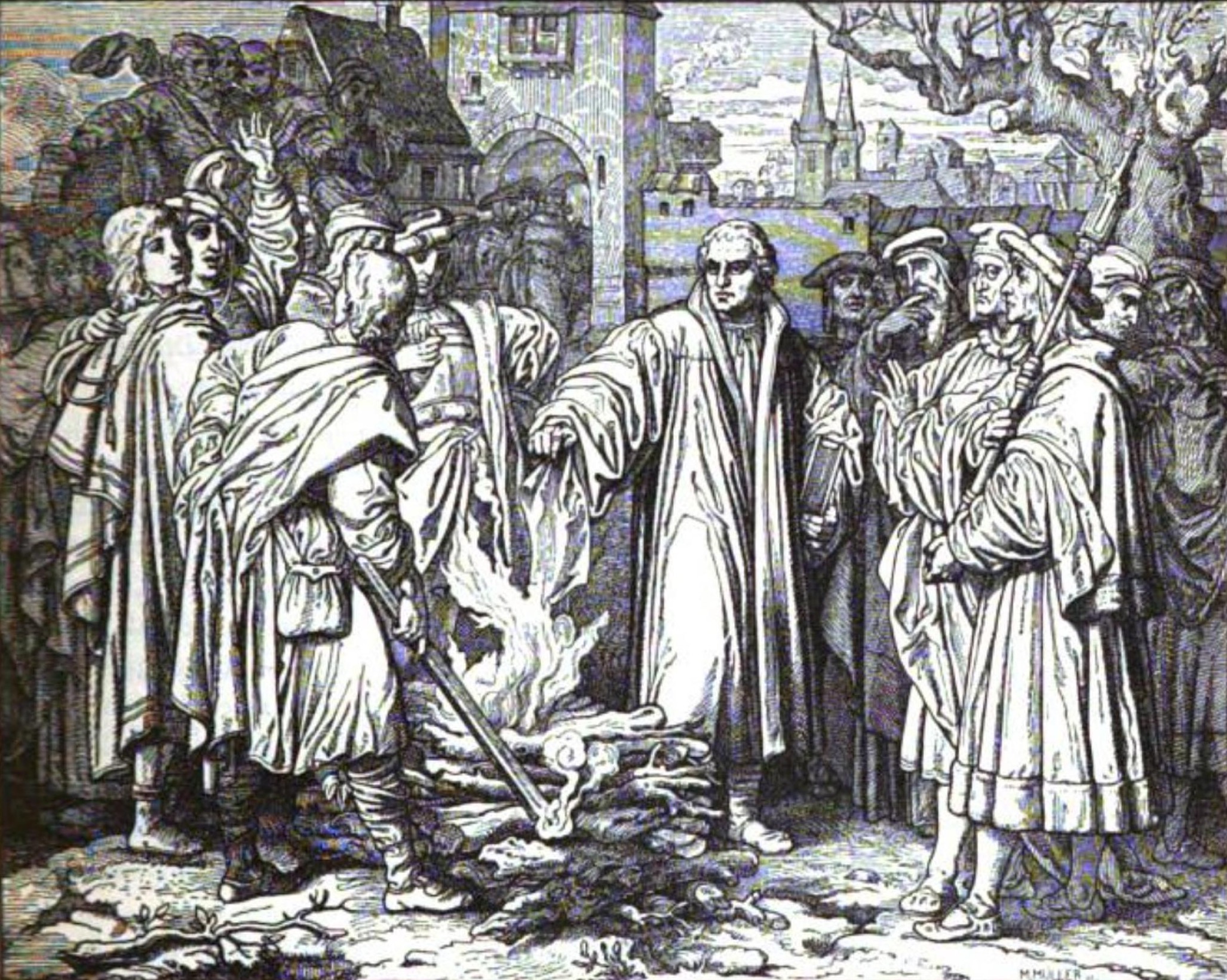 The bonfire of 15 June 1520: Luther burns the papal bull of excommunication, along with canon law and forged decretals, the moment he decided to demolish the old system.