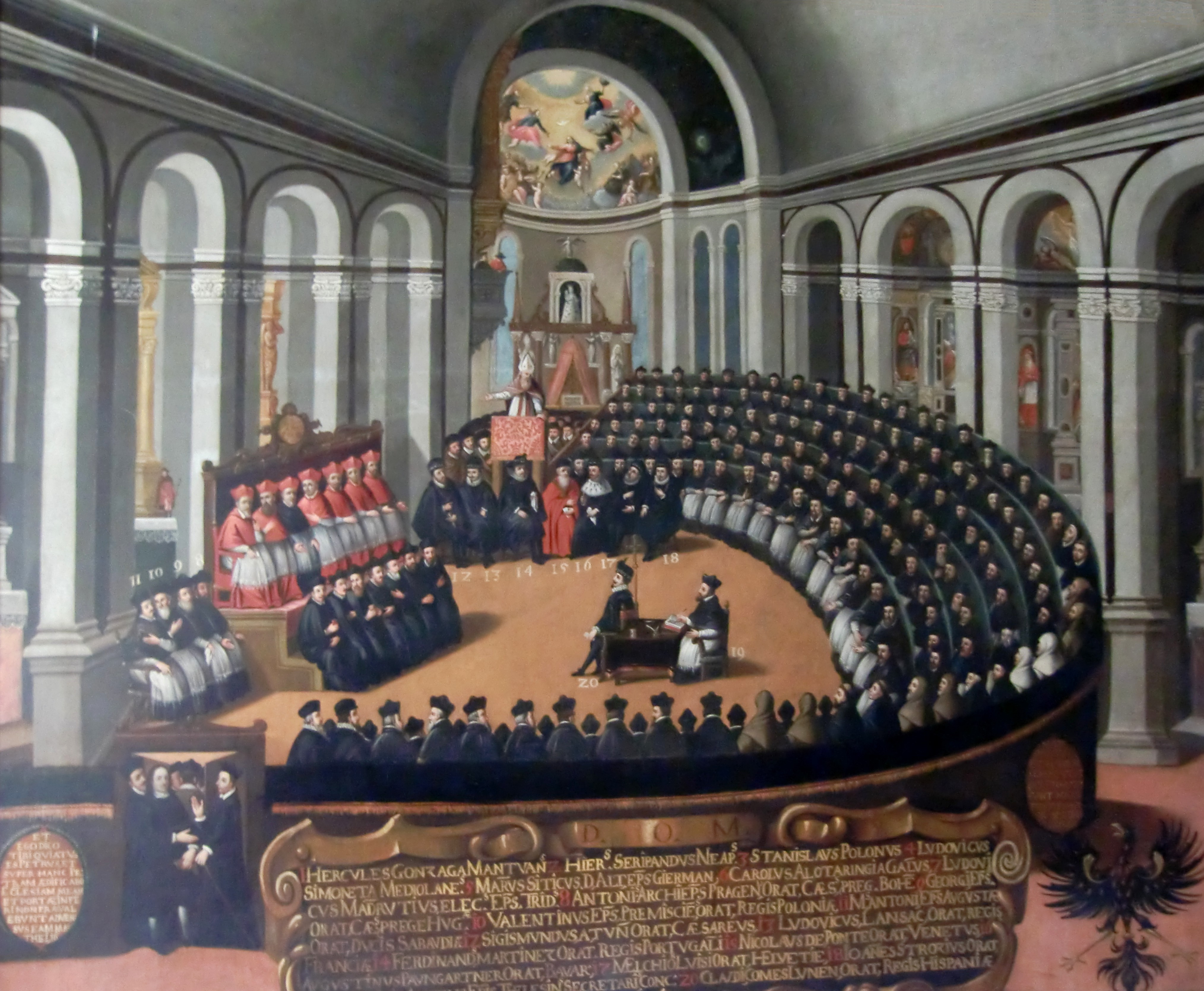 The Council of Trent (1545–1563), the definitive Catholic doctrinal response to the Reformation: reaffirming Scripture AND Tradition, justification by grace and cooperation, the seven sacraments, and transubstantiation.