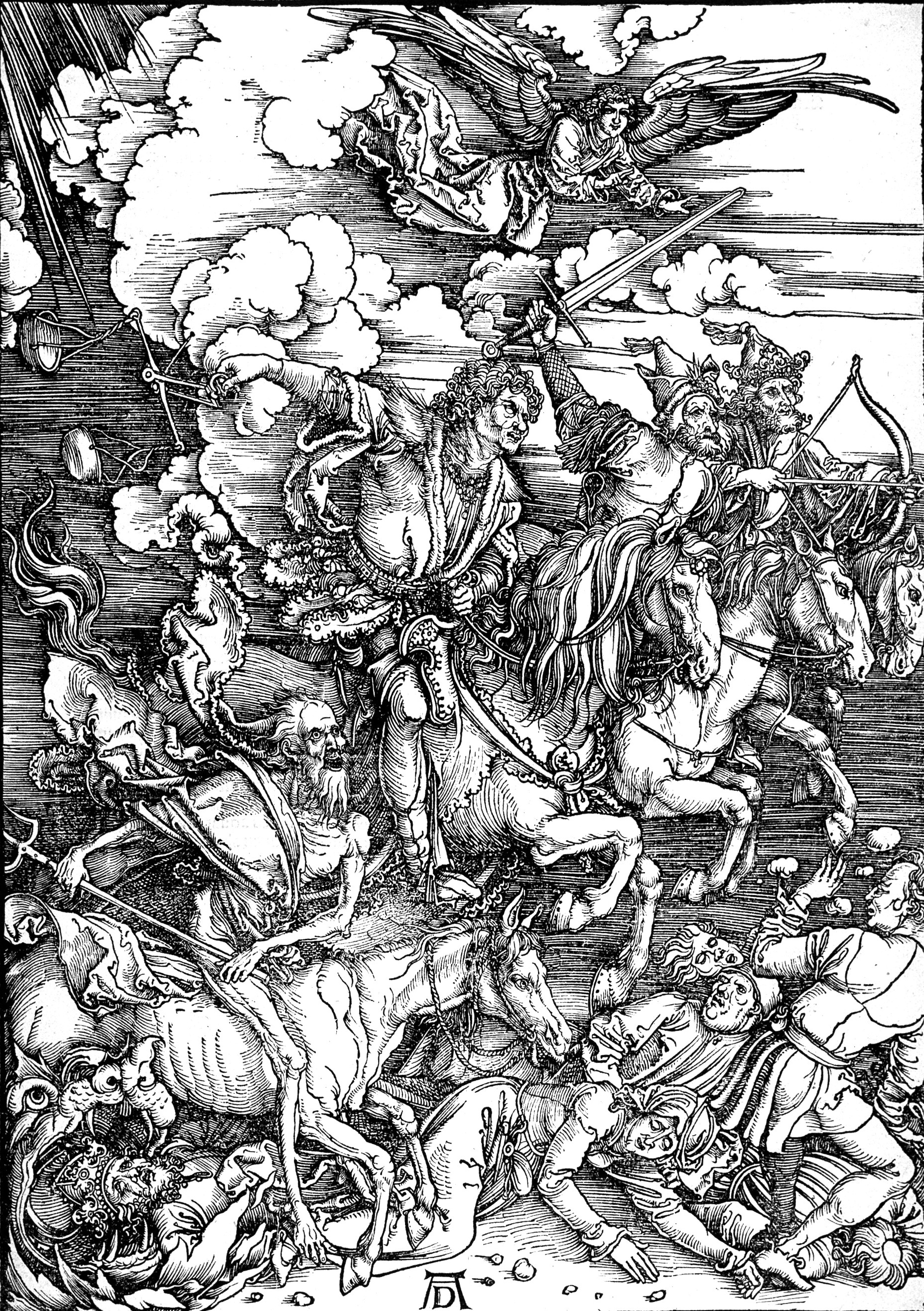 Albrecht Dürer, “The Four Horsemen of the Apocalypse,” c. 1497–1498, a woodcut from the series Apocalypsis cum Figuris illustrating the Book of Revelation.