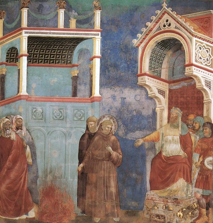 Saint Francis before Sultan al-Kamil, 1219, going alone in poverty to preach the gospel, instead of with a crusader army.