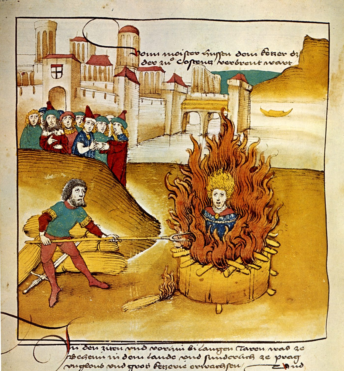 Jan Hus burned at the stake at the Council of Constance, 1415.
