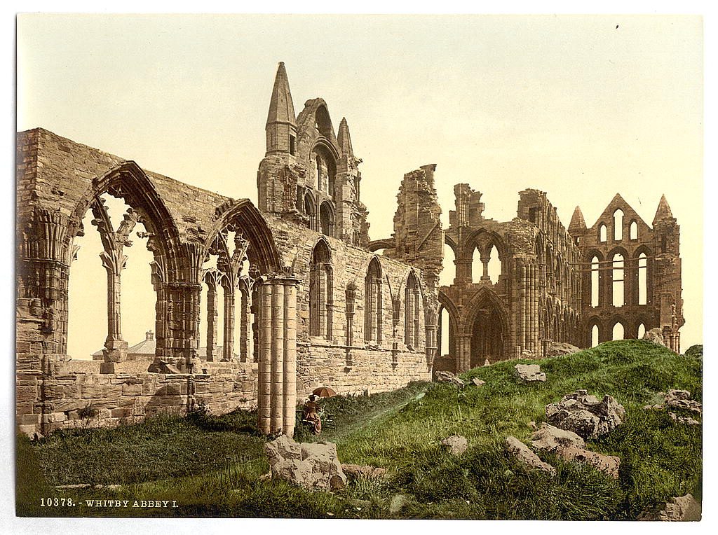 The ruins of Whitby Abbey, site of the Synod of Whitby in 664, when the British Isles went Roman. Pawson says you can still stand among these ruins today.