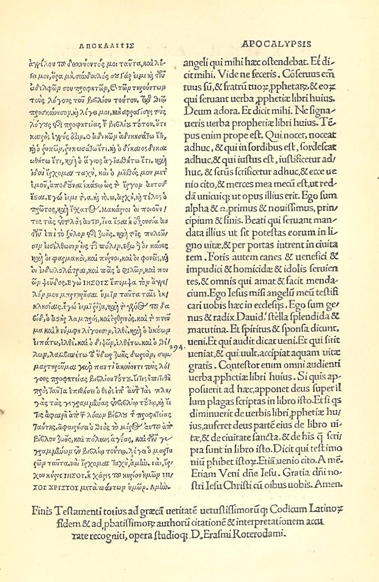 The first published Greek-Latin New Testament: Erasmus' 'Novum Instrumentum omne', printed by Johann Froben in Basel (1516), which laid the foundation for the Textus Receptus.