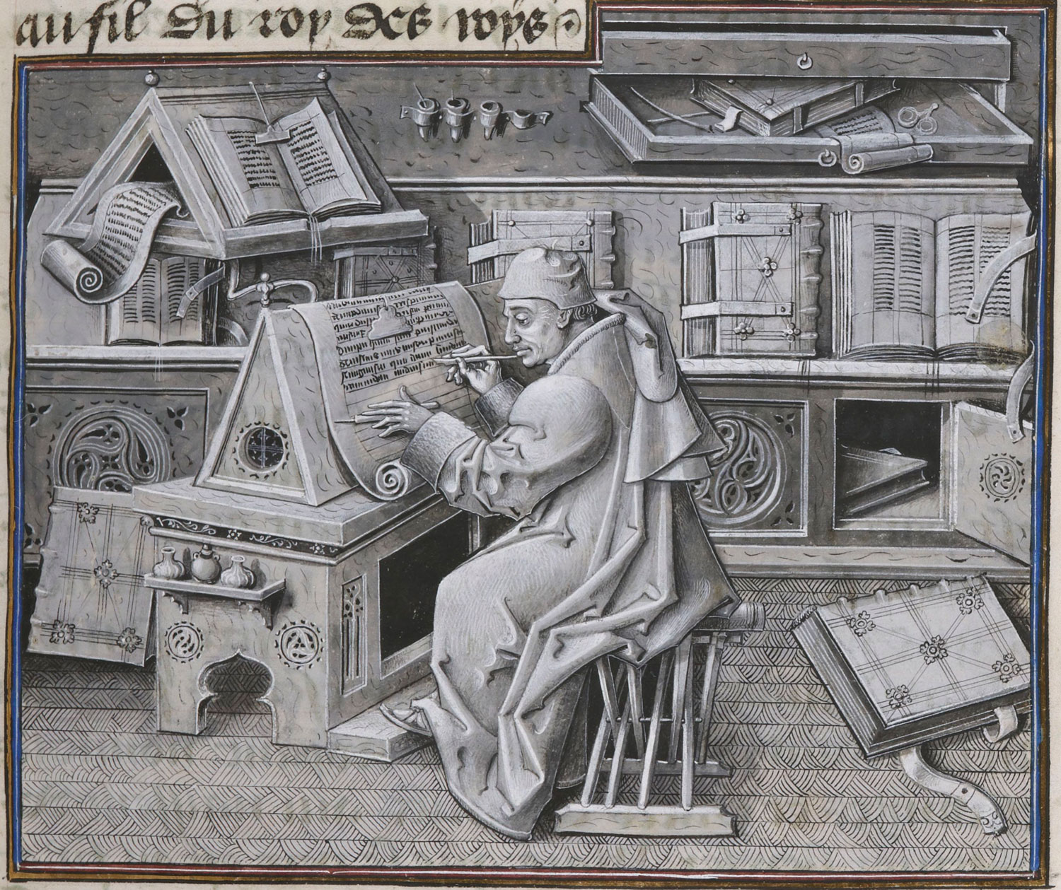 Scribe Jean Miélot at work in a medieval scriptorium, transcribing manuscripts letter by letter on parchment before the dawn of the printing press.