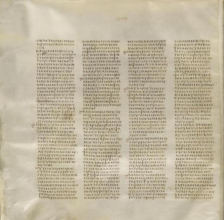 A page from Codex Sinaiticus (4th century), written in continuous Greek uncial script on parchment, preserved for centuries at Saint Catherine's Monastery before arriving at the British Library.