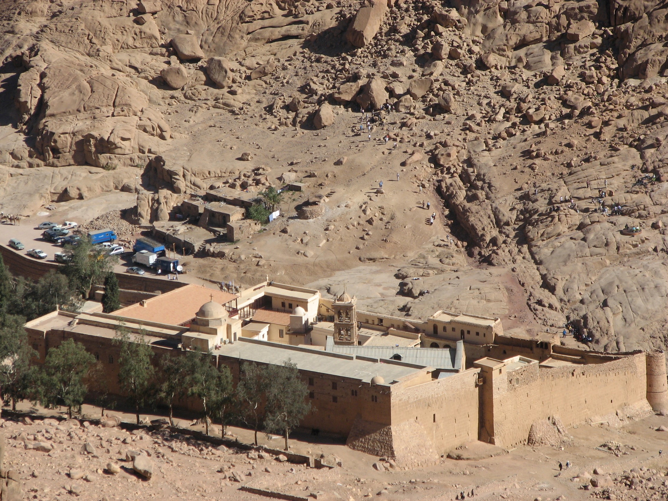 Saint Catherine's Monastery at the foot of Mount Sinai (founded 6th century), the oldest continuously inhabited Christian monastery, which preserved Codex Sinaiticus for over a thousand years.
